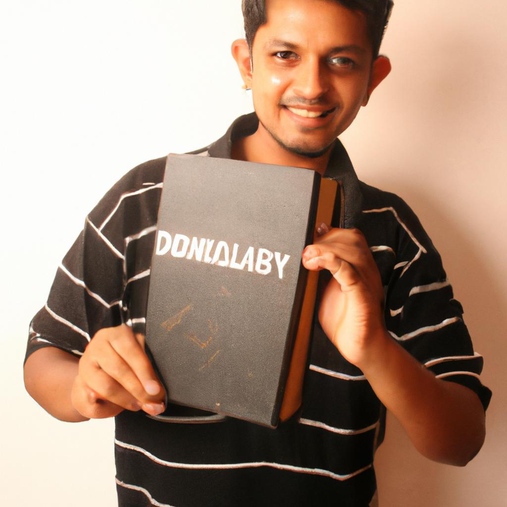 Person holding a dictionary, smiling